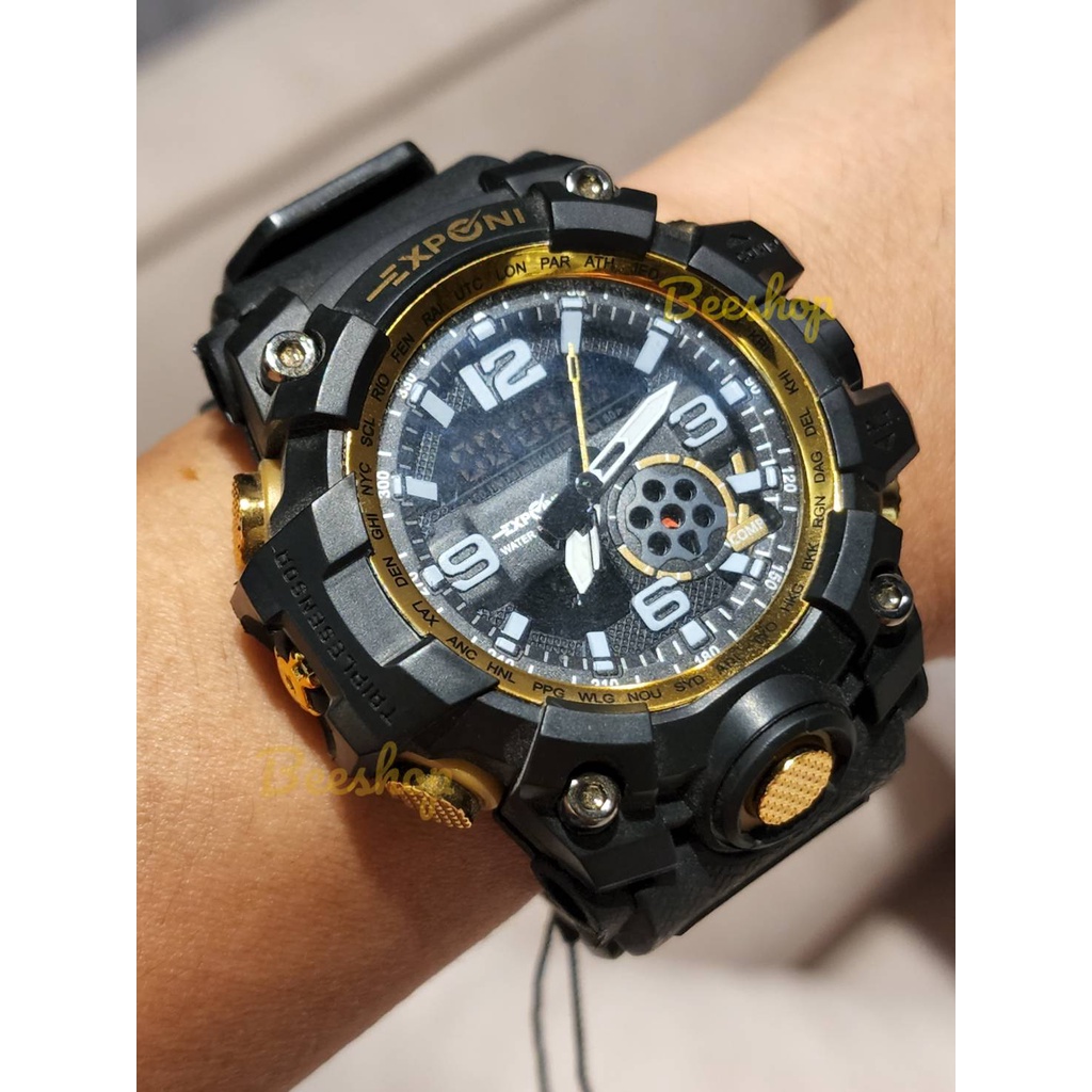 EXPONI นาฬิกาสปอร์ตกันน้ำ100 % กันกระแทก สายยาง สีดำ สำหรับผู้ชื่นชอบการออกกำลังกาย กันน้ำได้ลึก 200