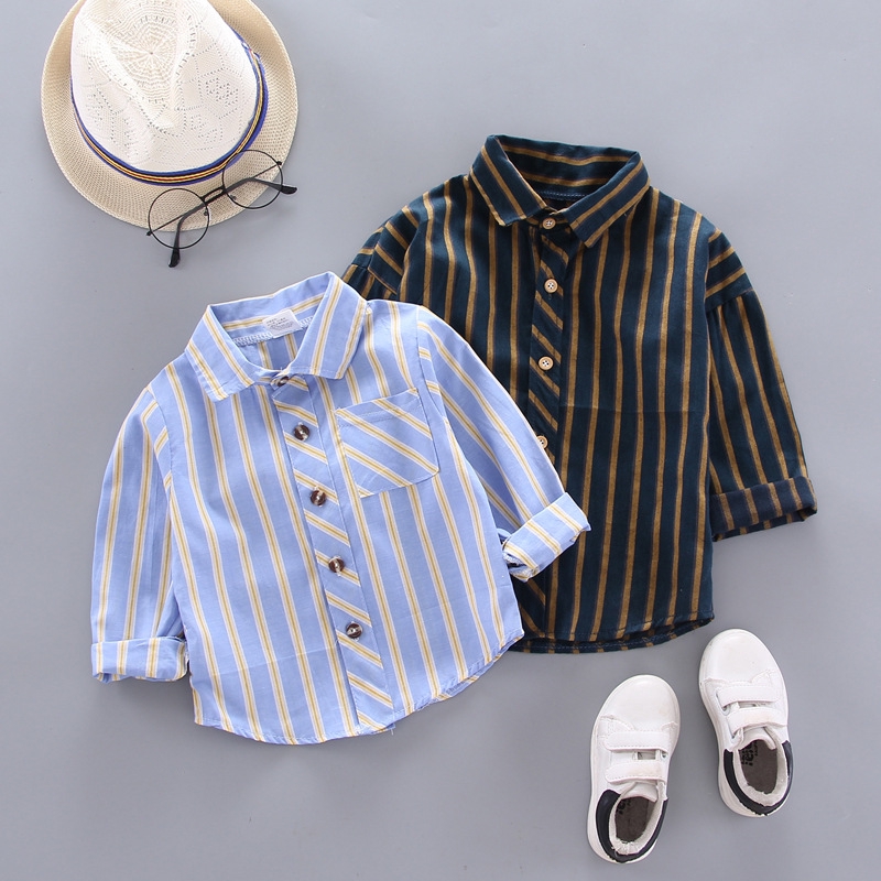 พร้อมส่ง ใหม่ เสื้อเชิ้ตแขนยาวลําลอง ผ้าฝ้าย ลายทาง สําหรับเด็กผู้ชาย