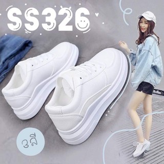 SS326 รองเท้าผ้าใบสไตล์มินิมอล สีเรียบไม่มีลาย สีขาวครีม/เทา/ชมพู