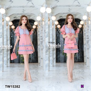 J15382 Dress เดรสทรงแขนไหล่พอง อกแต่งผ้าสลับสี ร้อยเชือกไขว้