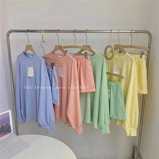 thekingshop*1390*ชุดเช็ต2ขิ้น เสื้อแขนยาว+กางเกงขาสั้น สีเล่นโบว