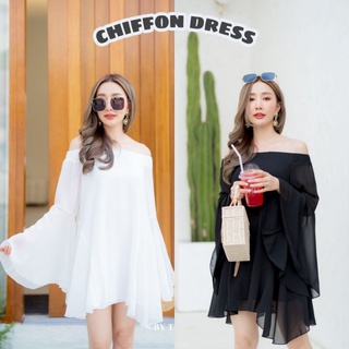 Mini chiffon dress เดรสสั้นผ้าชีฟอง ดีเทลชุดกระโปรงบาน สีพื้น ขาว-ดำ