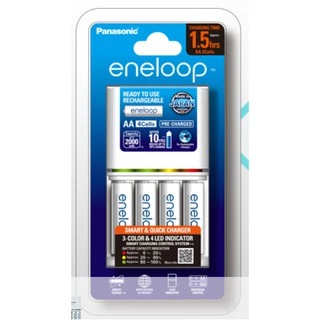 เครื่องชาร์จ charger Eneloopสีขาว ชาร์จเร็ว1.5hrs+แถมถ่าน 2A*4ก้อนPanasonicแท้(นำพลาสติกออกก่อนชาร์จ)มีมอก มีรับประกัน