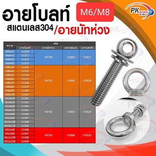 อายโบลท์ S สแตนเลส 304 M6 / M8 แบบชุดขนาดเล็ก ประกอบด้วย (อายโบลท์+แหวนอีแปะ+แหวนสปริง+อายนัทห่วง)