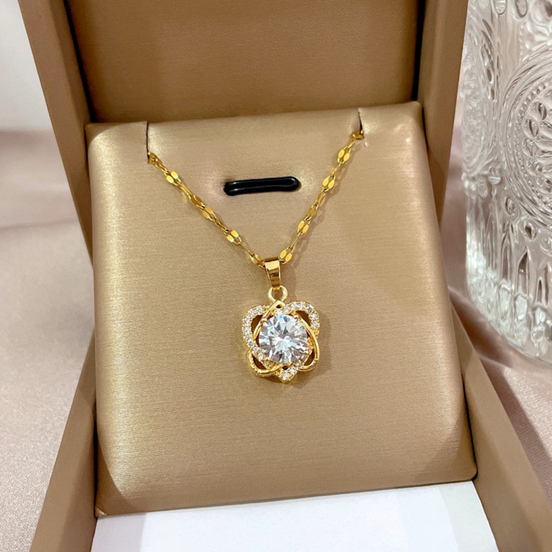 OYJR สร้อยคอสแตนเลส  ทอง 18k จี้รูปหัวใจคู่ ประดับเพชร หรูหรา เครื่องประดับแฟชั่น สําหรับผู้หญิง ราคา ถูกที่สุด ดีลบีเคเค แกลเลอรีภาพที่ 5