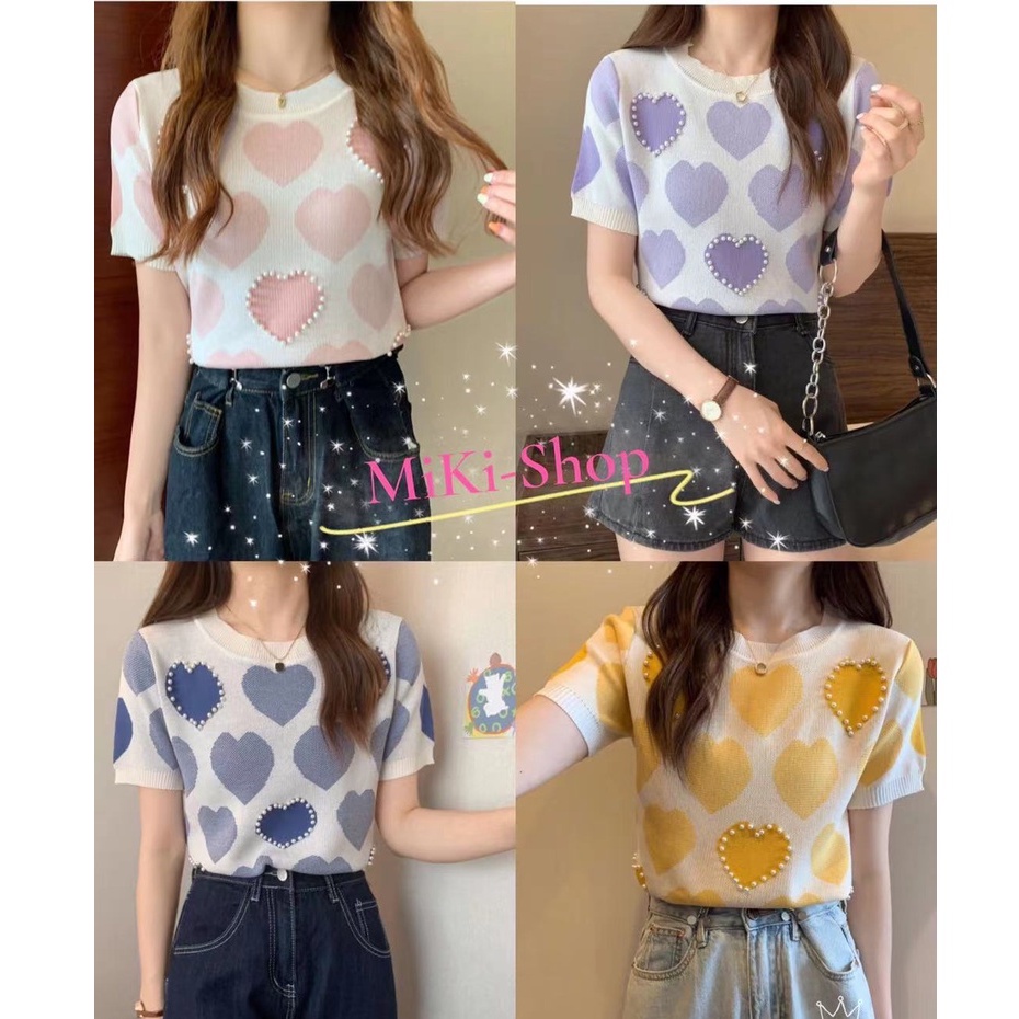 *Miki-Shop*เสื้อไหมพรม แขนสั้น คอกลมไม่ลึก ปักมุก ผ้านิ่ม ใส่สบาย51025 *