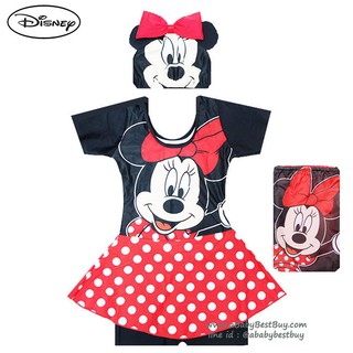 ไซส์ XS ชุดว่ายน้ำเด็กผู้หญิง Disney Minnie Mouse สีดำ บอดี้สูทเสื้อแขนสั้น กระโปรงกางเกง มาพร้อมหมวกว่ายน้ำและถุงผ้า