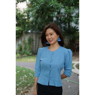 มี 4 สี ไซส์34-44 ผ้าฝ้าย เสื้อแขนตุ๊กตา คอกลม กระดุมปั้มคู่ แบบที่2