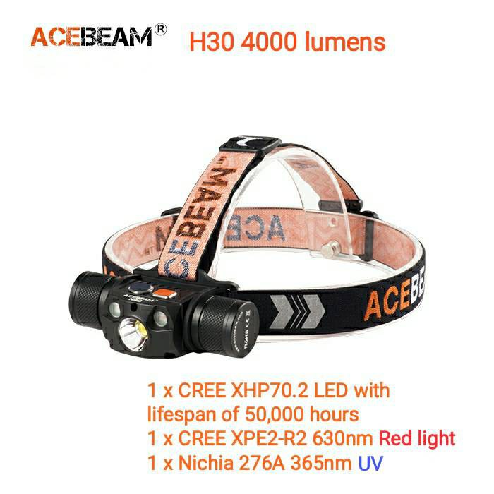 ไฟฉายคาดหัว Acebeam H30 4000lm มีแสง UV แสงสีแดง ชาร์จ USB-C พร้อมแบตเตอรี่
