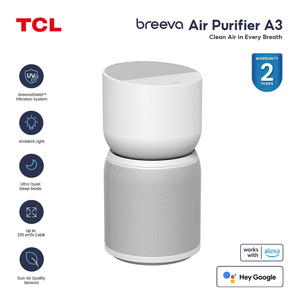 เครื่องฟอกอากาศ TCL  Breeva Air Purifier A3 กรองฝุ่นละออง วัดคุณภาพอากาศอัตโนมัติ