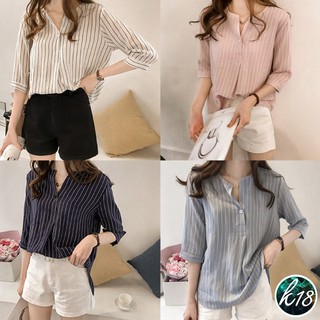 K18💜Korean เสื้อแขนสั้นลายทาง อกแต่งกระดุม 4 สี
