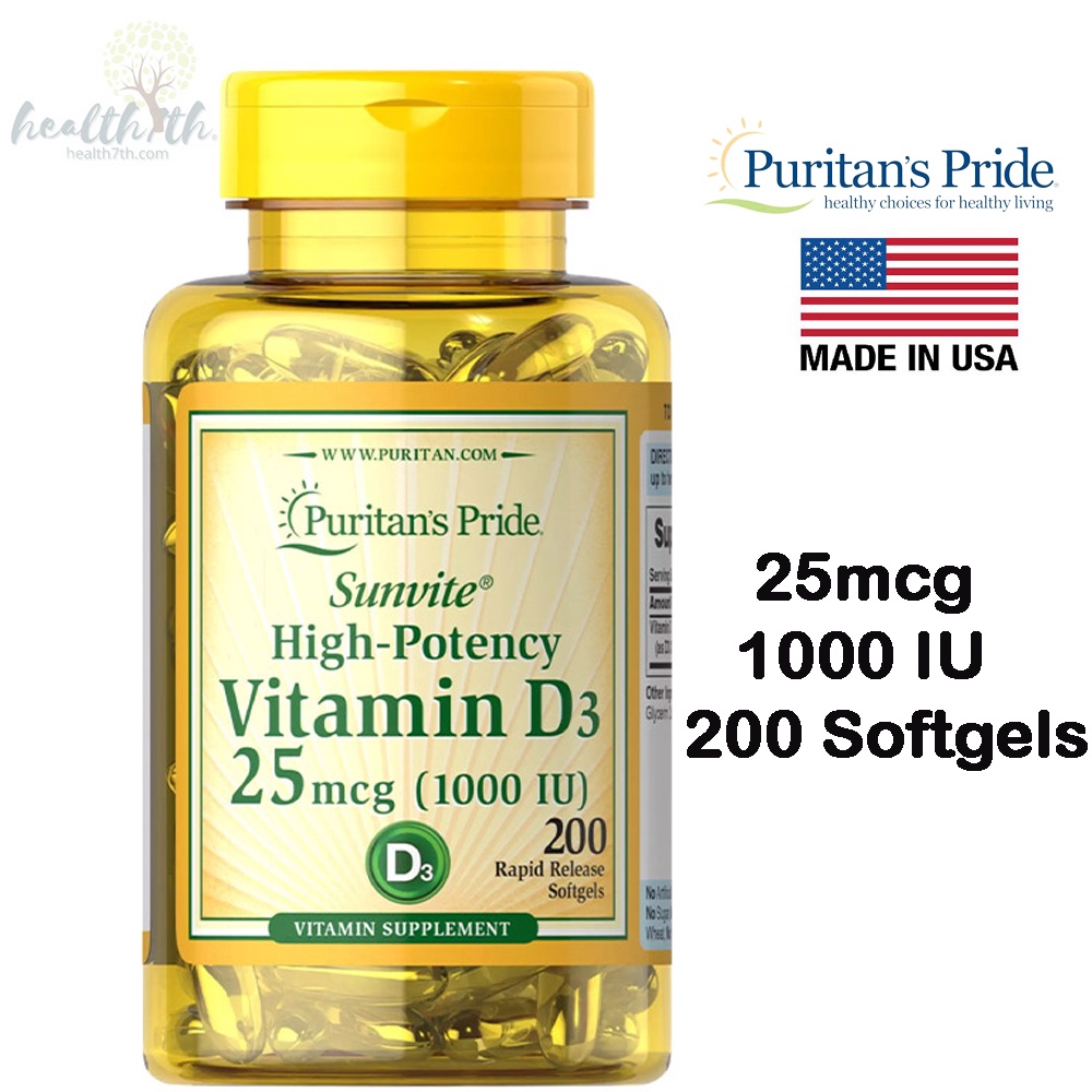 Puritan's Pride Vitamin D3 25mcg- 1000 IU / 200 Softgels วิตามินดี
