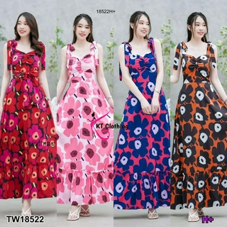 J18522 แม็กซี่เดรสยาว สายผูกไหล่ สายผูกเอว ลายดอกไม้ Long maxi dress, shoulder straps, waist strap, floral print