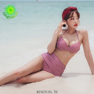 ( Mingyuan ) ชุดว่ายน้ําเอวสูงลายสก็อตแฟชั่นสตรี