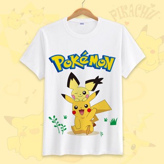 เสื้อยืดผ้าฝ้ายแขนสั้นพิมพ์ลาย Pokemon Pikachu สำหรับผู้ชายผู้หญิง