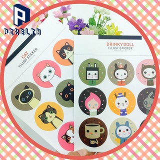 PIXELTH 🐱 2 แผ่น ใน 1 แพ็ค!! Cat Illust Sticker สติ๊กเกอร์กลมหน้าแมว 🐱