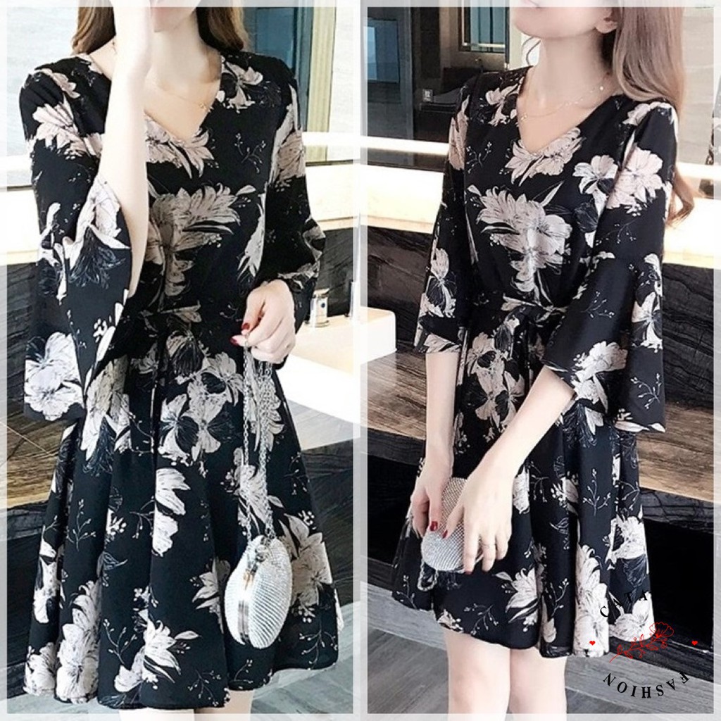 2019 ชุดเดรสสั้นคอวี แขนสามส่วน ลายดอก มีผ้าสำหรับผูกเอว
