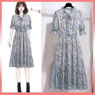 Dress ลายดอกไม้แขนงพองสไตล์สาวฝรั่งเศส ชุดเดรสกระโปรงยาวปานกลาง เสื้อผ้าไปคาเฟ่ ใส่ถ่ายรูปสวยๆ ชุดเดรสกระโปรง