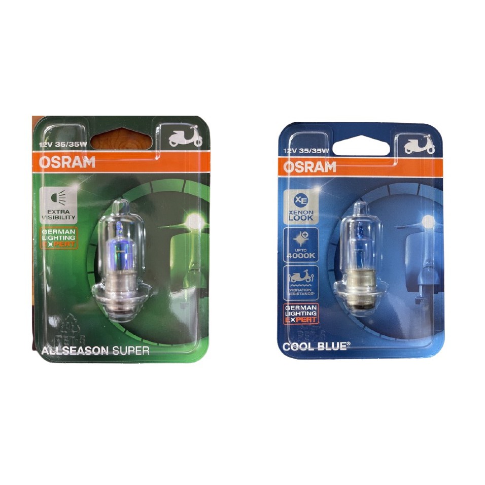 Osram หลอดไฟหน้ารถจักรยานยนต์ขั้ว T19 ยี่ห้อ ออสแรม หลอดไฟหน้า สี COOL BLUE และ ALL SEASON ขนาด 12V35/35W แป้นเล็ก