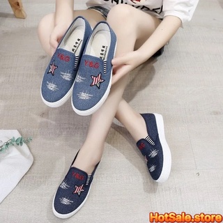 ส่งเร็ว🚚รองเท้าสลิป-ออน ผ้ายีนส์ ผู้หญิง ลายน่ารัก ลายดาว แฟ…