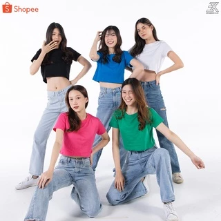 Expogarment เสื้อครอป เอวลอย CROP แขนสั้น คอกลม ผ้าคอตตอน มี3ทรง ( ขาว ดำ บานเย็น ฟ้าทะเล เขียวสด)