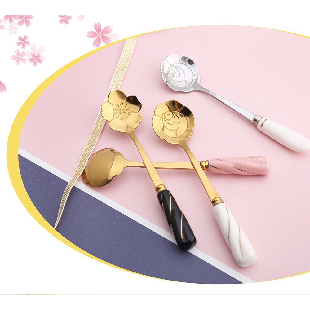 ช้อนกาแฟขนมหวานลายดอกไม้ สีเงิน สีทอง coffee spoon