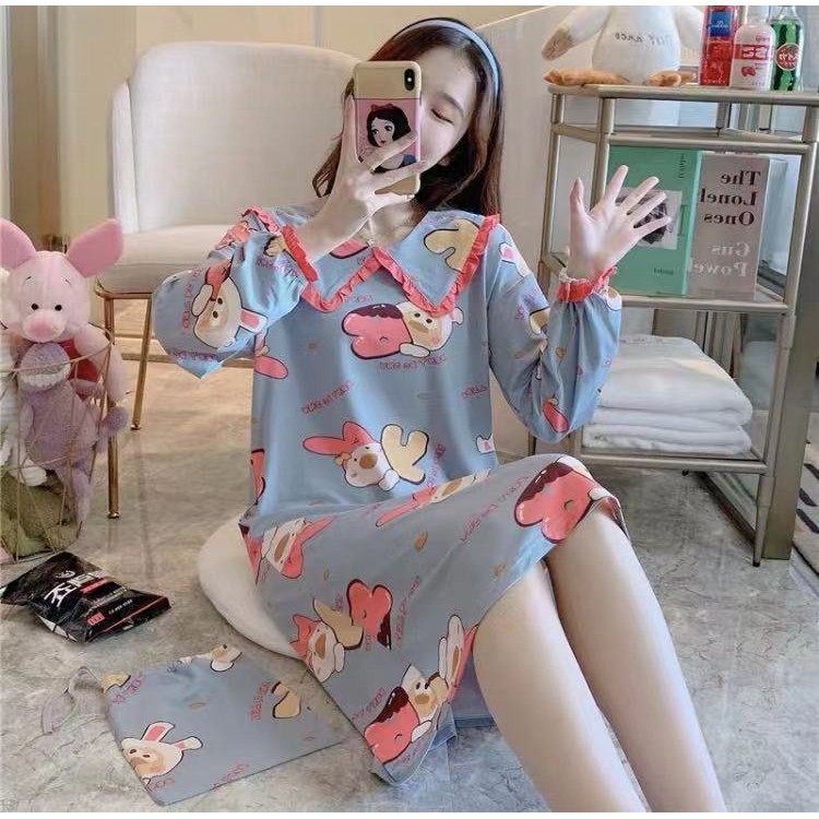 198-พร้อมส่ง ชุดนอนกระโปรงเเขนยาว พิมลาย พร้อมมีผ้าถุงให้ มีไซส์M-XXL กดสั่งเลยค่ะ