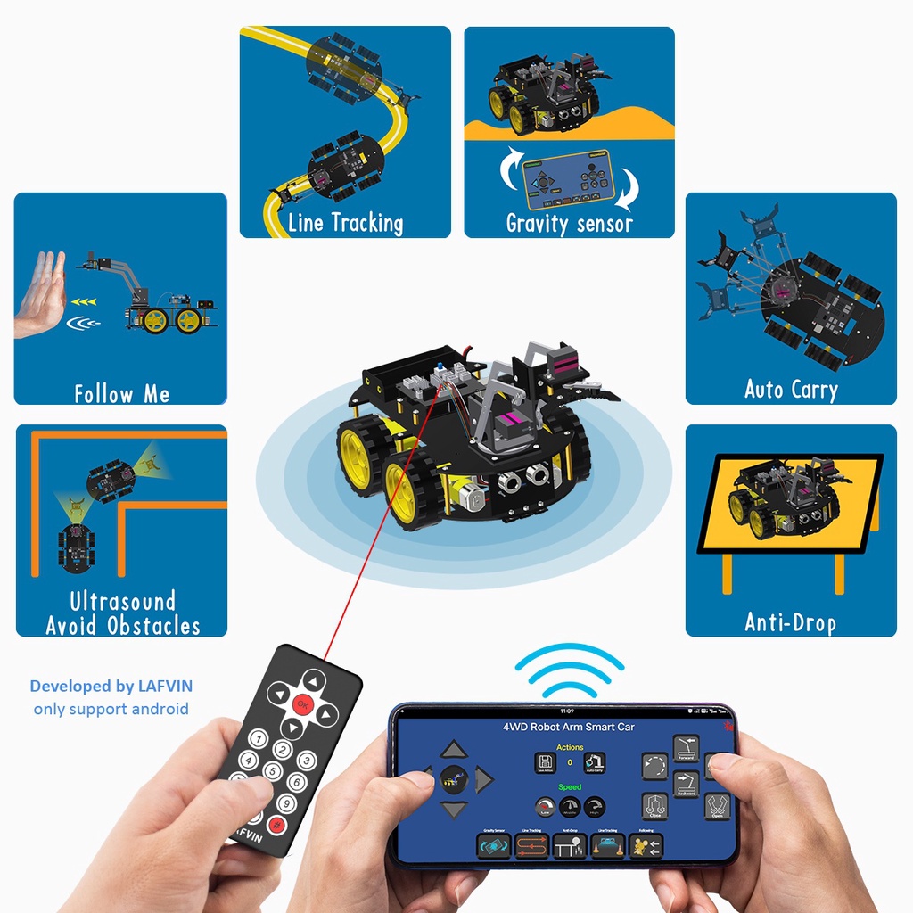 [COD] LAFVIN 2-in-1 รถยนต์หุ่นยนต์ 4WD + แขนกล ชุดเรียนรู้ Arduino UNO R3 รองรับ Bluetooth