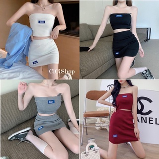 Cicishop(11201)ชุดเซตเกาะอก+กระโปรง ผ้าไหมพรมยืดได้เยอะ สไตล์เกาหลี
