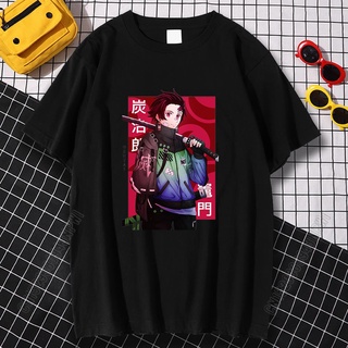 แขนสั้นcrew neckเสื้อยืดลําลอง ผ้าฝ้าย 100% แขนสั้น พิมพ์ลายการ์ตูน Demon Slayer Tanjirou ทรงหลวม ระบายอากาศ สําหรับผู้ช