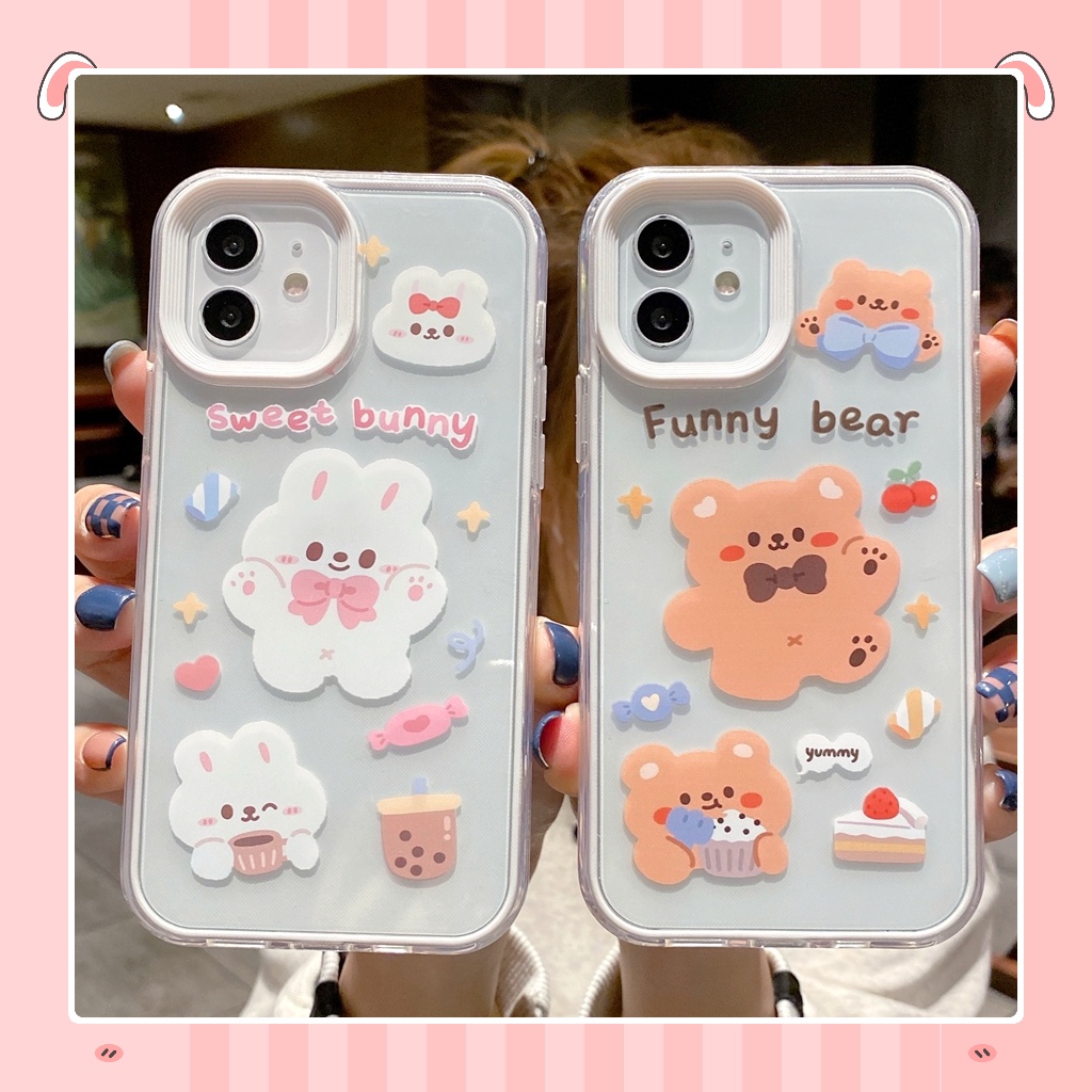 โปร่งใสกระต่ายสีขาวหมีสีน้ําตาลเข้ากันได้สําหรับกรณี iphone 16 15 14 6s 7 8 plus XR 11 12 13 pro max 2 ใน 1 super drop ความต้านทานหนา