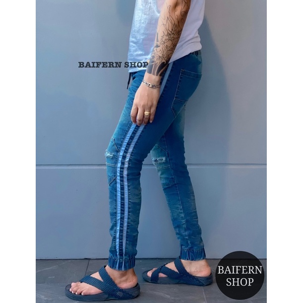 กางเกงยีนส์เอวยืด ผูกเชือกที่เอวได้ แต่งขาดเข่า แถบข้าง ขาจั๊ม - รูปที่ 6