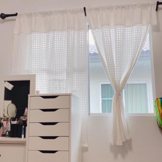 แนะนำ ผ้าม่าน ผ้าม่านหน้าต่างผ้าตารางสีขาวนวล แบบมีระบายถักโครเชต์เล็กงาน Handmade พร้อมที่ผูกม่าน ราคาพิเศษ มีเก็บเงินปลายทาง