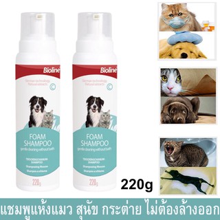 แชมพูแห้งแมว แชมพูแห้ง สุนัข และสัตว์เลี้ยง ไม่ต้องล้างออก 220กรัม (2ขวด) Bioline Dry Shampoo Dog Cat Rabbit and all Pet