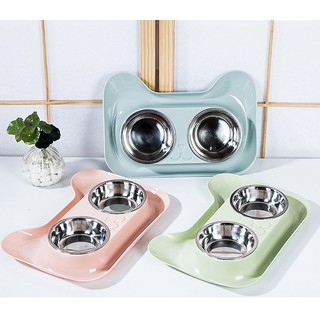 Pet bowl ชามอาหารสัตว์ 2 ช่อง ชามสแตนเลสสำหรับแมว สุนัข #C16