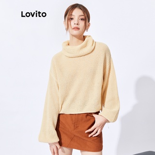 Lovito เสื้อกันหนาวลําลอง คอสูง แขนยาว ผ้าถัก สไตล์เกาหลี L32FW040 (สีขาวขุ่น)