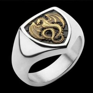 แวนมังกร Silver Color Gold Dragon Engraving Ring Punk Jewelry (Size 10)