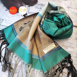 ผ้าพันคอ ผ้าคลุมไหล่ Pashmina/ผ้าแคชเมียร์ ลายช้างแต่งดอกไม้ ชายผ้าพู่หลากสี