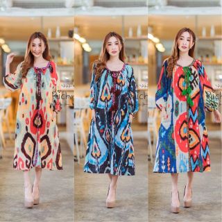 Maxidress ผ้าพิมพ์ลาย เดรสโบฮีเมียน ชุดโบฮีเมี่ยน เดรสแขนยาว ชุดไปทะเล เดรสยาวแขนยาว โบฮีเมี่ยน ชุดสไตล์โบฮีเมียน