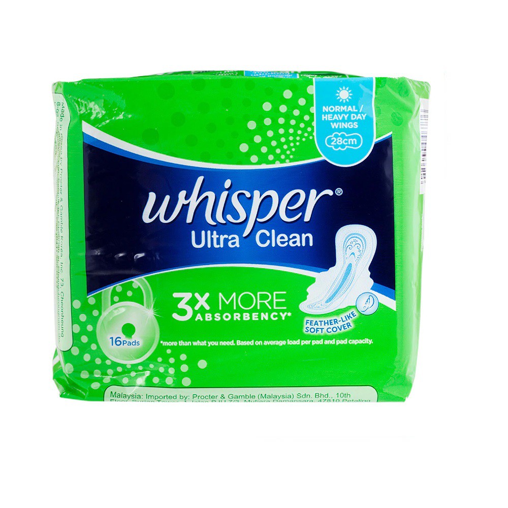 ผ้าอนามัย วิสเปอร์ Whisper Ultra Clean 28 cm.  มีปีก 16 ชิ้น วิสเปอร์ อัลตร้า คลีน