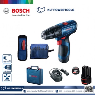 Bosch GSB 120-LI สว่านกระแทกไร้สาย   1 x แบตเตอรี่ ชุดดอกสว่านและดอกไขควง 23 ชิ้นพร้อมตัวจับยึด