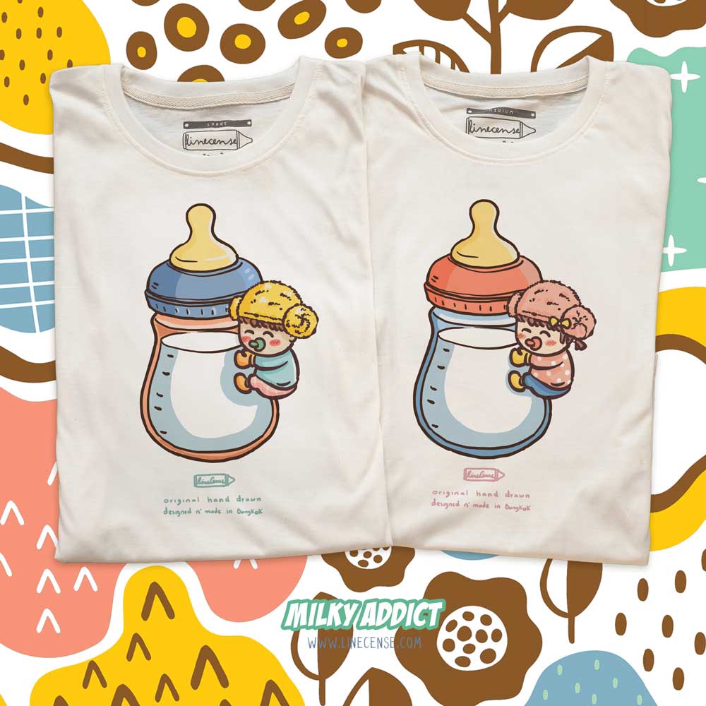 Milky Girl & Milky Boy Family T-shirt เสื้อคู่และครอบครัวลายเด็กกอดขวดนม