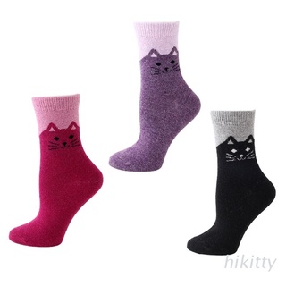 HIK Women Winter Faux Wool Crew Socks Cute Cartoon Cat Print Thermal Warm Hosiery