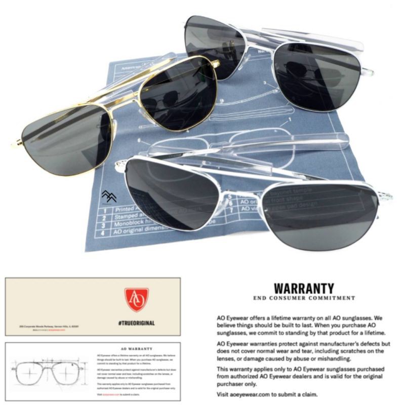 แว่นตาAO Eyewear แท้ % รุ่น Pilot Made in USA. ตัวที่นักบินทั่วโลกนิยมใช้มากที่สุดในโลก เลนส์กระจกSkymasterคุณภาพสูง