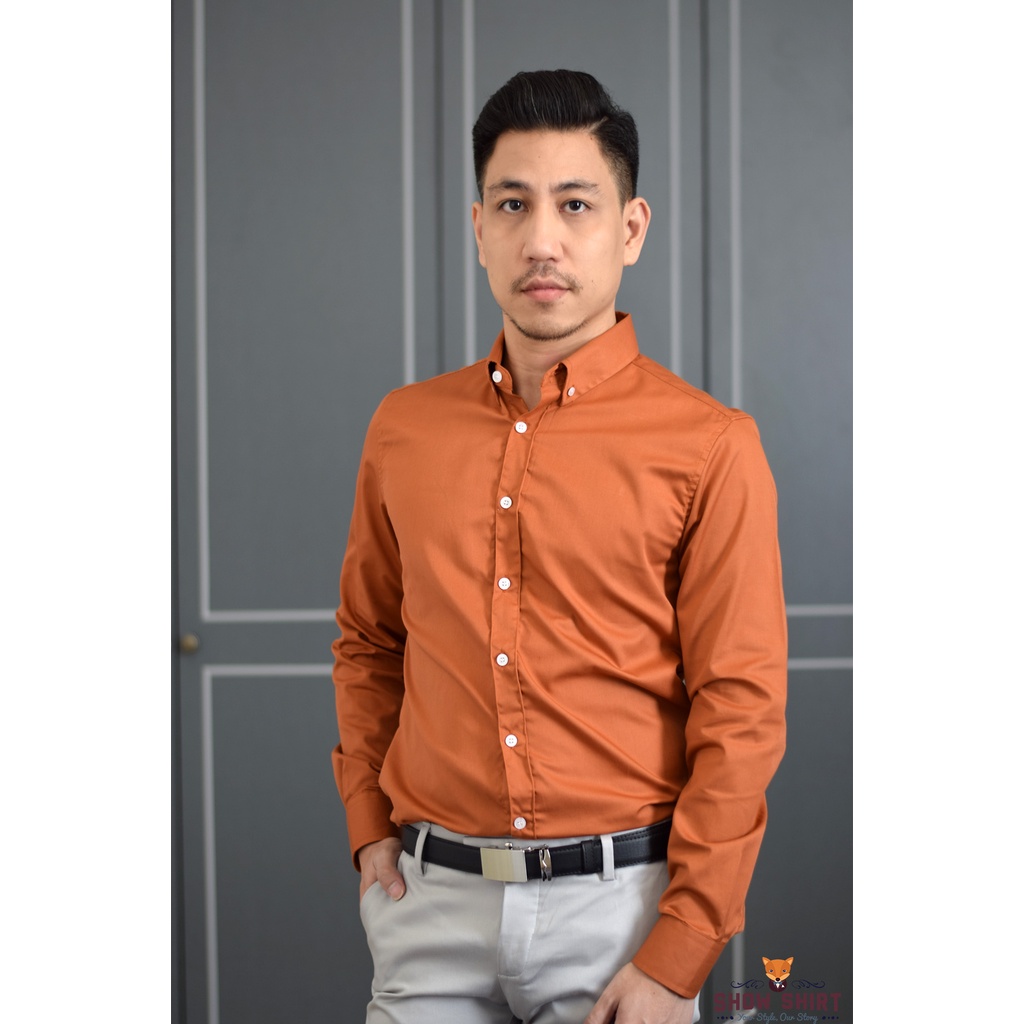 เสื้อเชิ้ตแขนยาว คอปก สีส้มอิฐ (ผ้า Cotton comb twill)