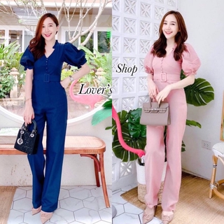 👗Pfashion [ส่งไว!!🚛] P14018 จั๊มสูทยาวแขนพองกระดุมหน้า+เข็มขัด Long jumpsuit, puff sleeves, front button + bel