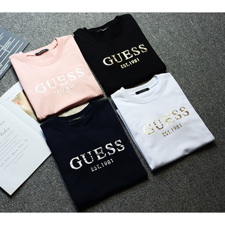 เสื้อยืดแขนสั้น คอกลม ผ้าฝ้ายแท้ พิมพ์ลายตัวอักษร GUESS สไตล์เกาหลี สําหรับผู้ชาย และผู้หญิง