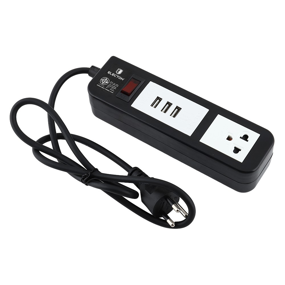 ปลั๊กไฟ สวิทช์ POWER STRIP 1 OUTLET 1 SWITCH 3 USB ELECTON 1M BLACK รางปลั๊กไฟ 1 ช่อง 1 สวิตซ์ 3 USB ELECTON 1 ม. สีดำ