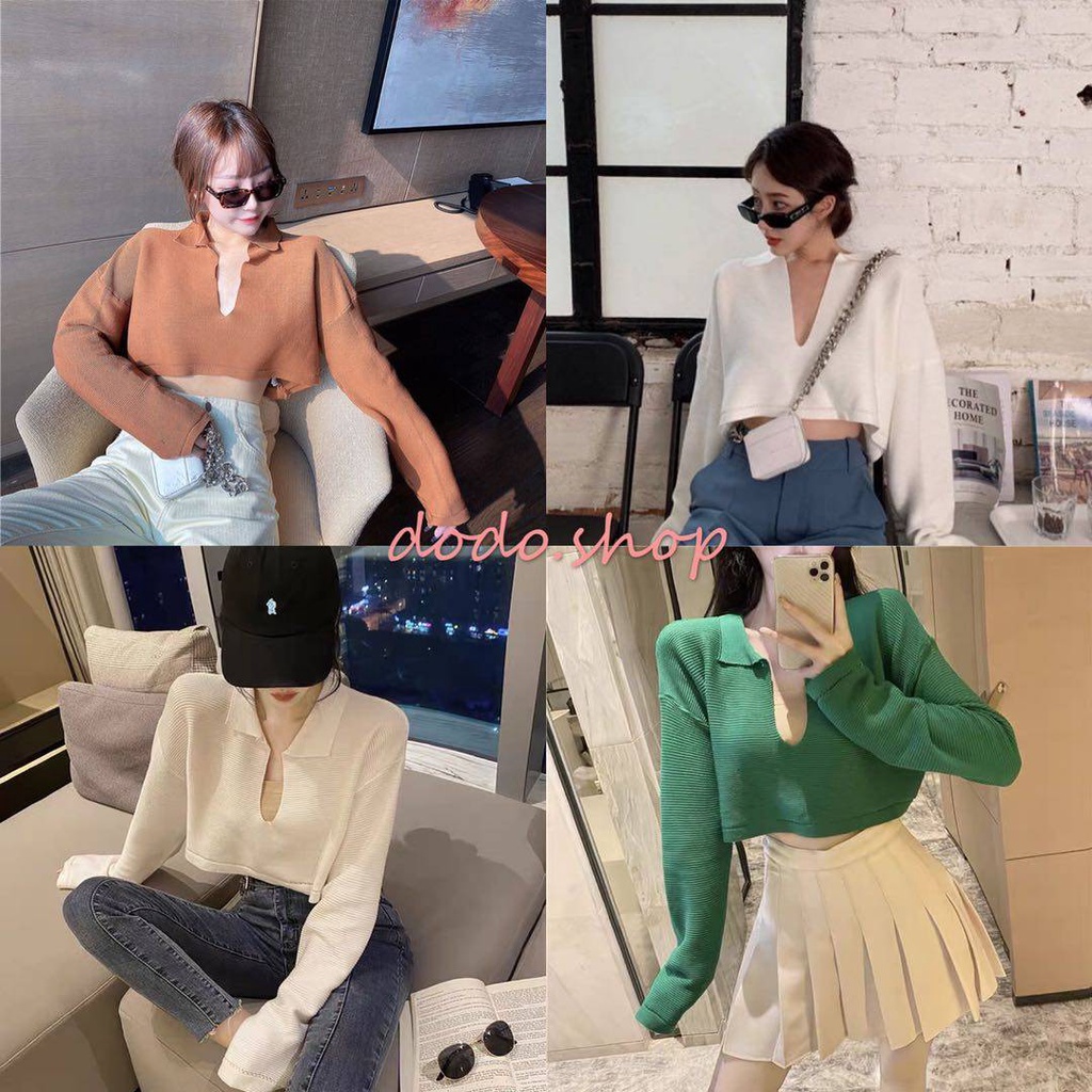 DODO🌟พร้อมส่ง🌟สินค้าพร้อมส่ง เสื้อครอป ท๊อป คอปก ตัวสั้น แขนยาว คอวีแหวกลึก แซ่บมากกกก (5951)