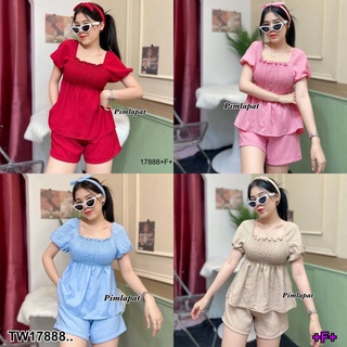 MM17888 Set 3 ชิ้น เสื้อแขนตุ๊กตา คอเหลี่ยม + กางเกงขาสั้น + ผ้าผูกผม Set of 3 pieces. Doll sleeve shirt, square neck +